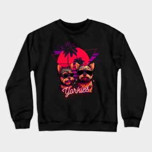 Yorkie's With Sunglasses and Retro Palm Tree Sunset Crewneck Sweatshirt